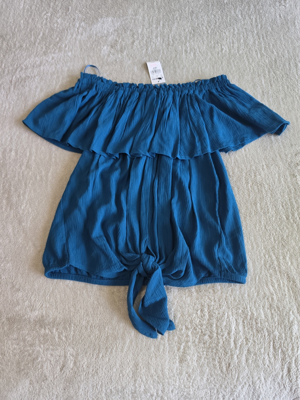 Express Women's Teal Blue Off-Shoulder Tie-Hem Top Size:XS